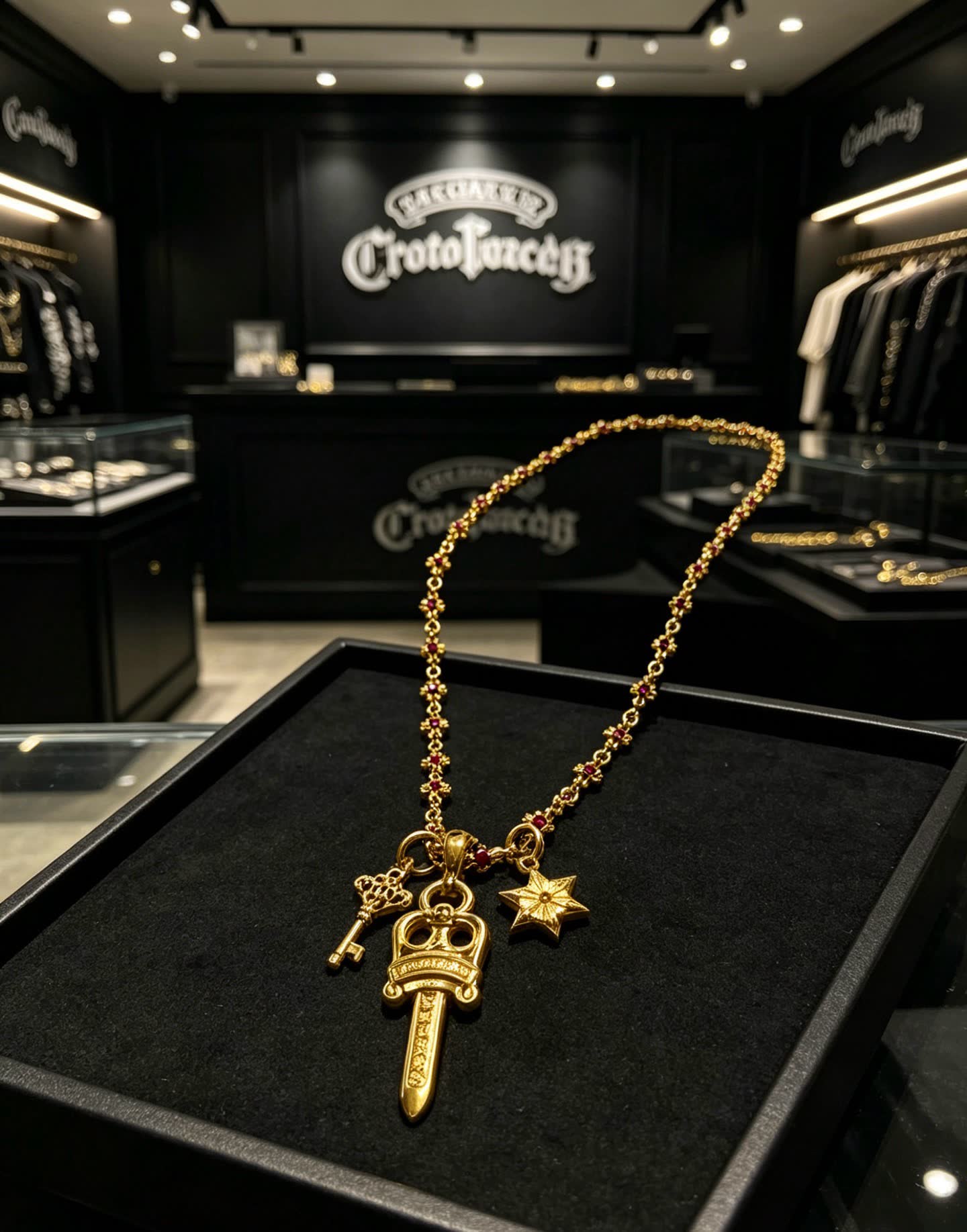 Chrome Hearts Royal Gold and Ruby Necklace with Sword Pendant